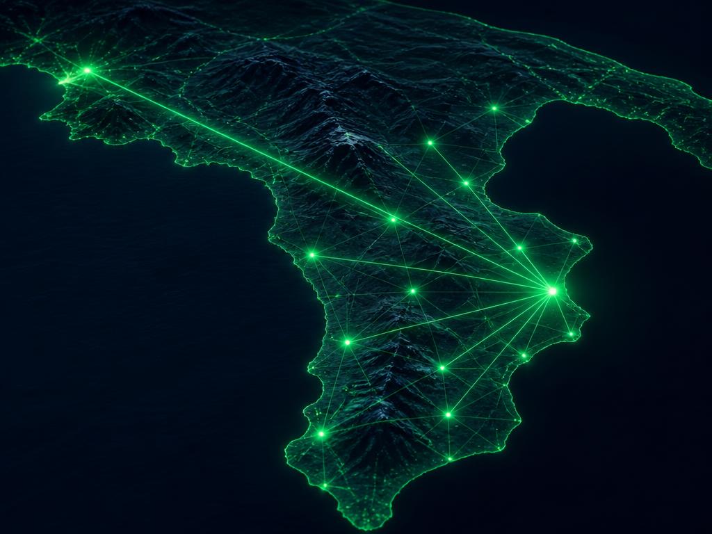 Mappa notturna della Calabria con Crotone come nodo mesh collegato all'Italia centro-meridionale