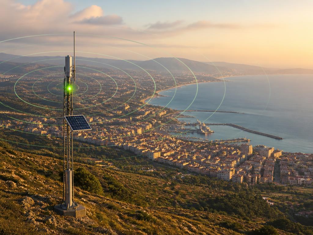Ripetitore LoRa Kroton-RPT su una collina che domina Crotone e la provincia, con onde radio verdi che coprono la città