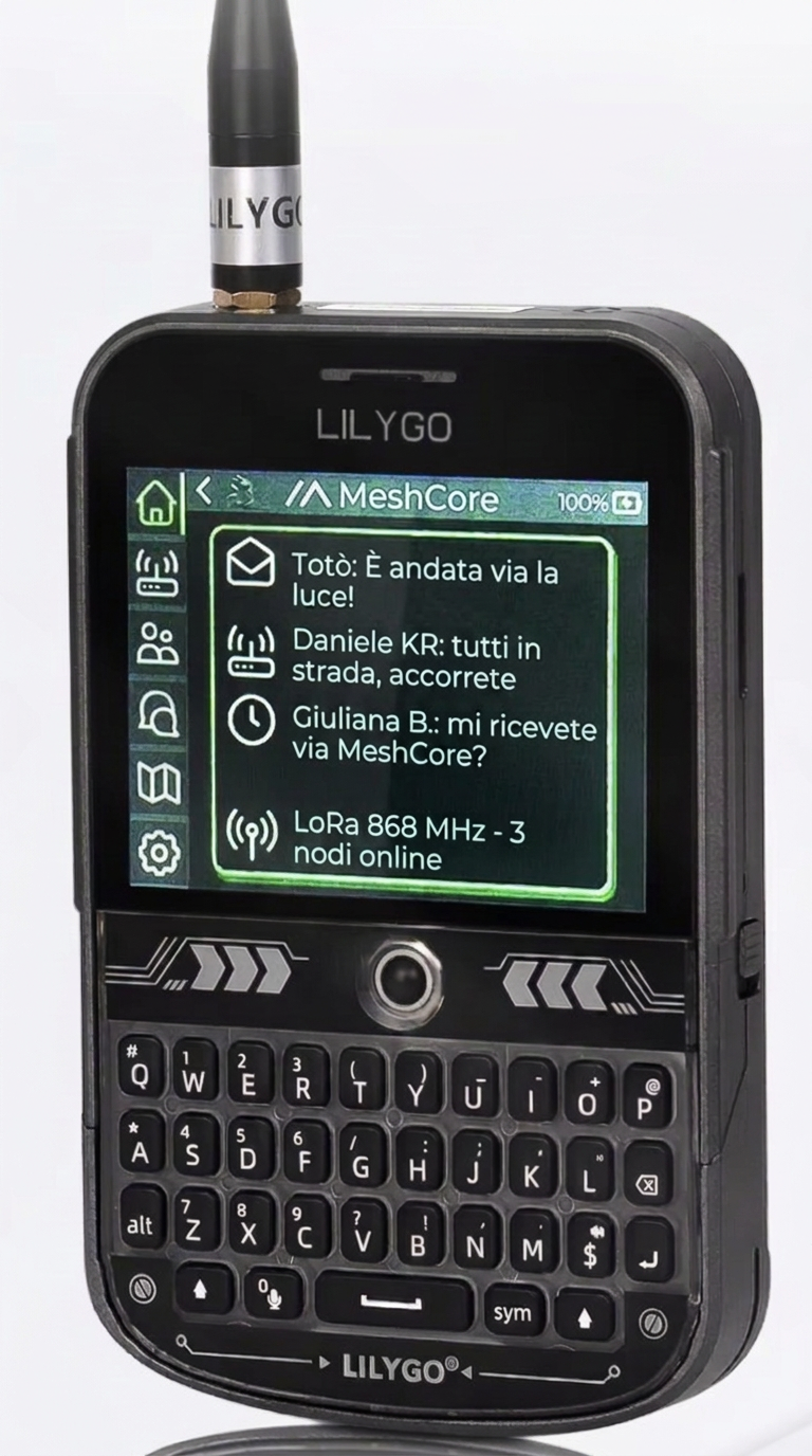 Companion reale LILYGO T-Deck con tastiera QWERTY e schermo MeshCore con messaggi in italiano